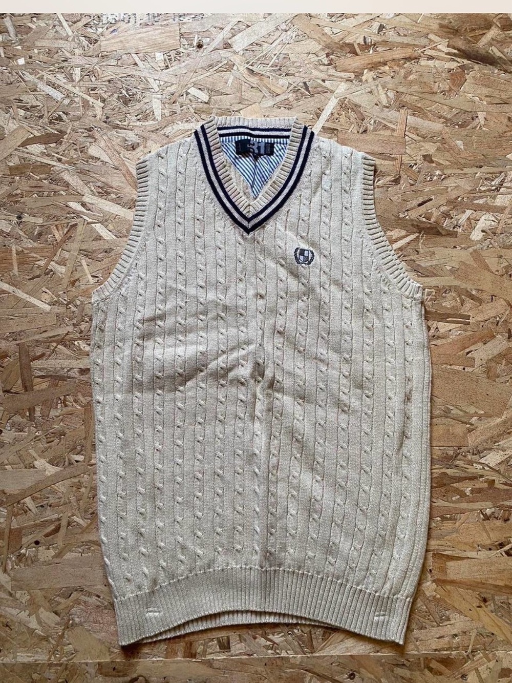 Men's Cream Cable-Knit V-Neck Sweater Vest with Navy Trim College Style